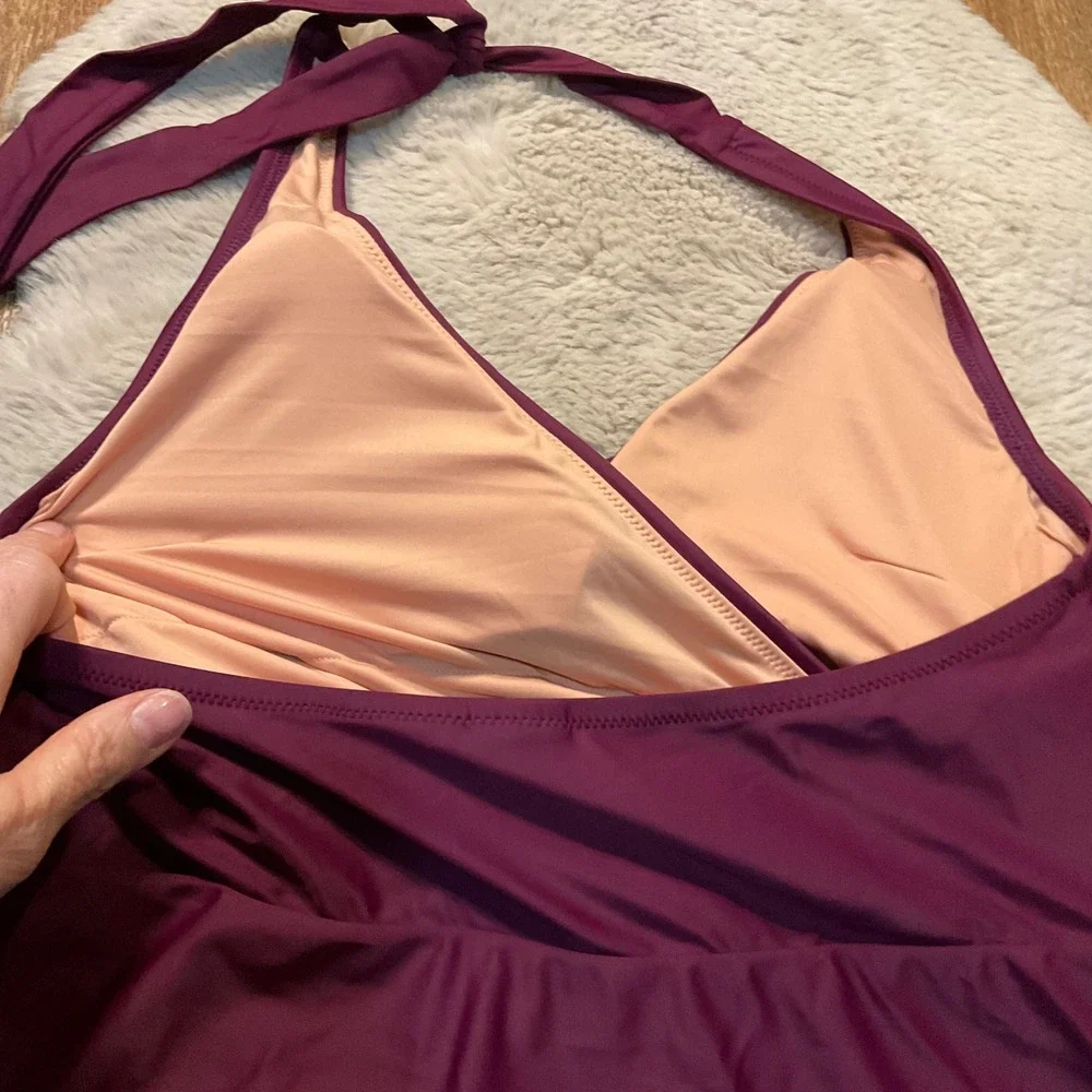 J. Cew Re-Imagined Swim Dress Size 8‎ Halter Onepiece Burgundy Wine Wrap Women's